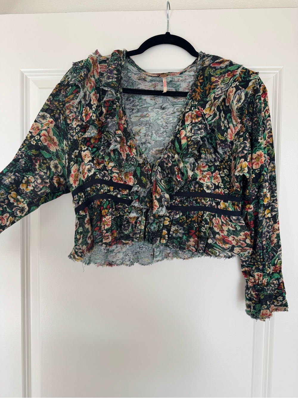 Free People Green Multi Floral Ruffle Cropped Blouse